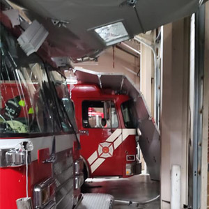Tornado door damge to fire truck