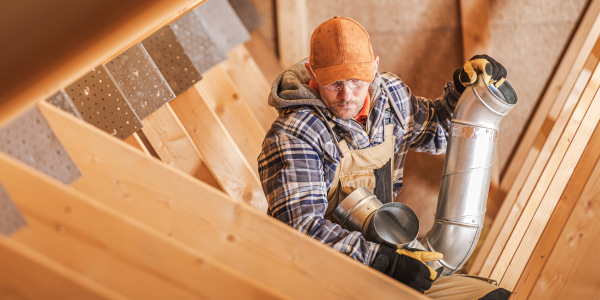 male construction worker installing ventilation in building