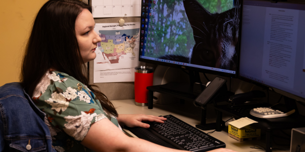 Julie Ardoline Clopay Corporation sitting at computer